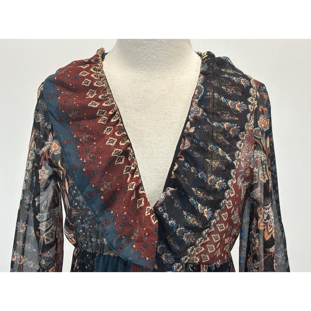 Zara Patchwork Maxi Dress Sz Medium Boho Ruffle Trim Forest Fairy Vneck - Picture 5 of 8